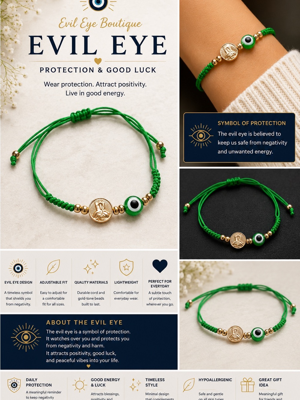 Green Protection Bracelet with Gold Accent (virgen mary) (virgen de guadalupe)